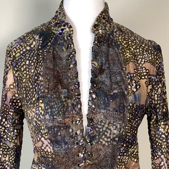 Alberto Makali Embellished Rhinestone Whipstitch Beaded Lace Blue Gray Jacket 4 - Picture 5 of 14